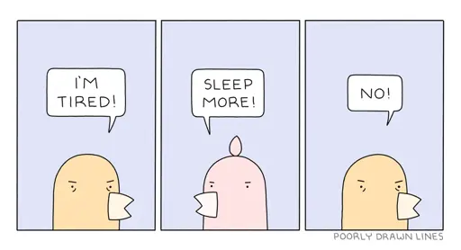 Panel 1: 1st Bird: "I'm tired." Panel 2: 2nd Bird: "Sleep more." Panel 3: 1st Bird (angry): "No!"