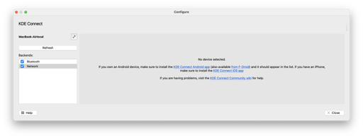Screenshot of KDE Connect on macos. list of devices is missing