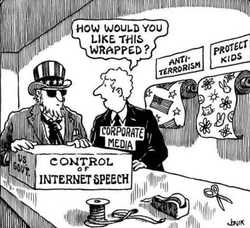 U.S. holding that says "control of internet speech". Corporate media asks "How would you like this [box] wrapped?". Anti-terror and Protect kids wrapping paper on the wall. 