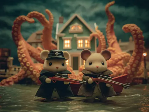 Two Sylvanian Families mice standing in front of a seaside town, a mass of tentacles erupt from a building behind them