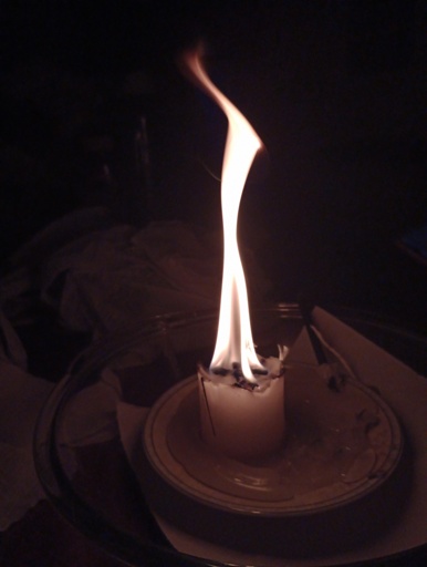 a candle inside a plate, on top of a piece of paper, inside a glass bowl, on top of a messy table. the candle has a bunch of rolled up pieces of paper on top of it that are burning, making the flames go very high. the plate is full of candlewax.