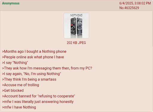Greentext entry of an anon gets banned for having Nothing