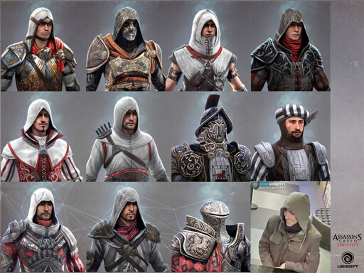 Assassin's Creed characters one after the other, but the last one is actually Brian Thompson, the United Healthcare billionare CEO's killer.