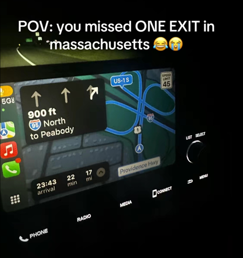Photo of CarPlay map showing a complicated route with the caption “pov: you missed ONE EXIT in massachusetts”