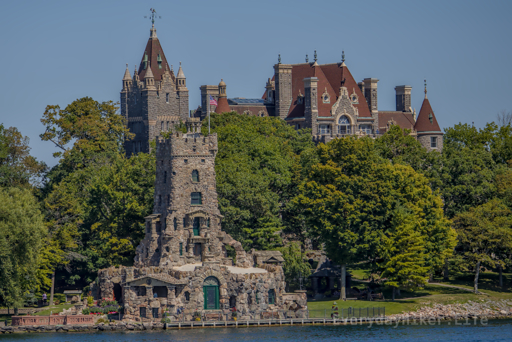 Alster Tower, with Boldt Castle behind it partially obscured by trees.