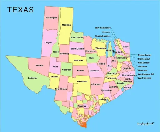 Map of America crammed into Texas shape, heavily distorted.