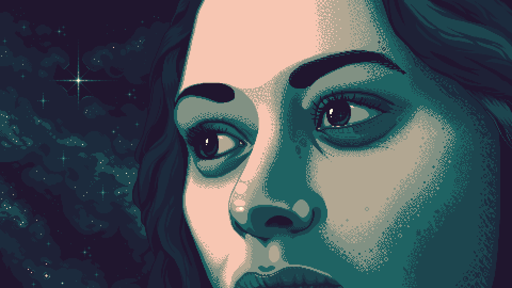 Close-up pixel art portrait of a woman in green hues, with stars in the background