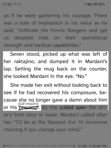A highlighted excerpt from "Star Trek Picard: Firewall".  Excerpt reads: "Seven stood, picked up what was left of her raktajino, and dumpted it in Mardani's lap. Setting the mug back on the counter, she looked Mardani in the eye. 'No'.  She made her exit without looking back to see if he had recovered his composure because she no longer gave a damn about him or his pull request."