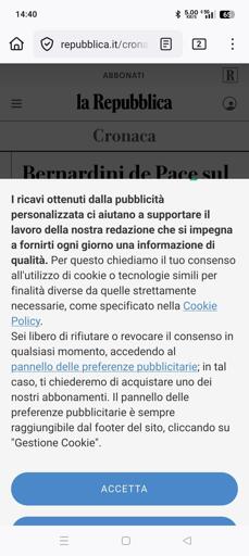 I ricavi ottenuti dalla pubblicità personalizzata ci aiutano a supportare il lavoro della nostra redazione che si impegna a fornirti ogni giorno una informazione di qualità. Per questo chiediamo il tuo consenso all'utilizzo di cookie o tecnologie simili per finalità diverse da quelle strettamente necessarie, come specificato nella Cookie Policy.
Sei libero di rifiutare o revocare il consenso in qualsiasi momento, accedendo al ; in tal caso, ti chiederemo di acquistare uno dei nostri abbonamenti. Il pannello delle preferenze pubblicitarie è sempre raggiungibile dal footer del sito, cliccando su "Gestione Cookie".